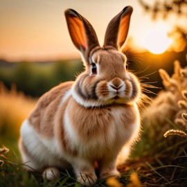 american fuzzy lop rabbit in golden hour light, highlighting their beauty in nature with a moody and detailed atmosphere.