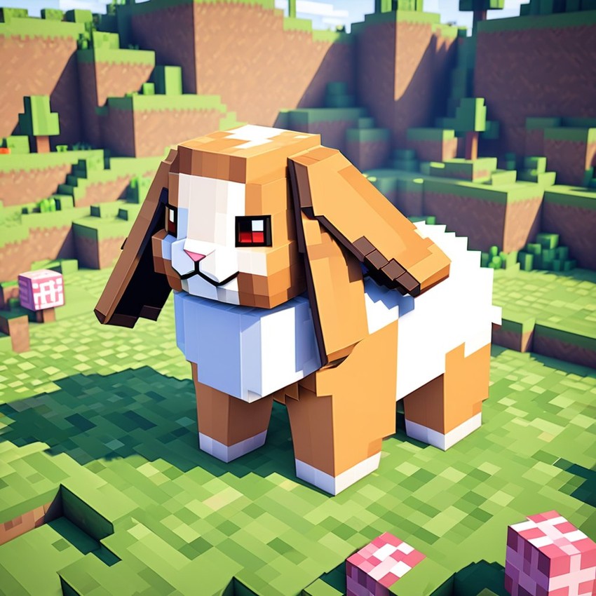 american fuzzy lop rabbit as a minecraft character in pixel graphics, capturing the charm of the blocky minecraft universe.