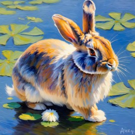 american fuzzy lop rabbit in the style of monet, featuring delicate brush strokes and a classic, artistic appearance.