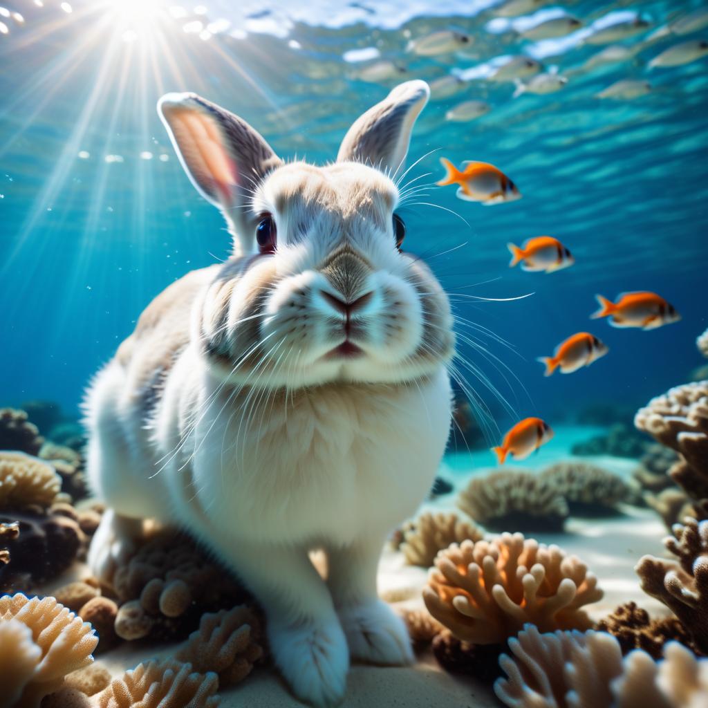 american fuzzy lop rabbit swimming in a vibrant blue ocean with fish and coral reef, capturing a sunny and happy underwater scene.