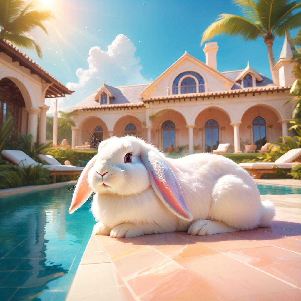 american fuzzy lop rabbit suntanning next to a luxurious villa pool, capturing a posh and magical moment.