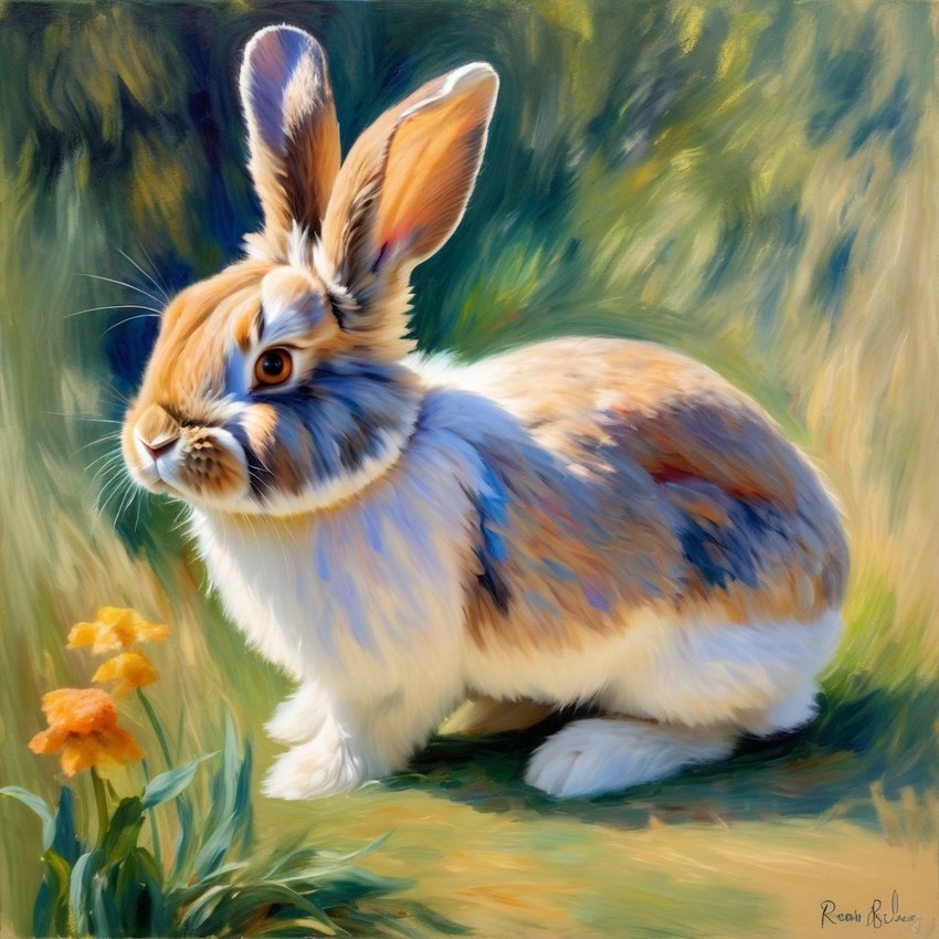 american fuzzy lop rabbit in the style of renoir, showcasing classic artistic brush strokes and timeless elegance.