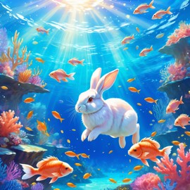 american fuzzy lop rabbit swimming in a magical blue ocean with colorful fish and coral reef, capturing a dreamy and adventurous underwater scene.