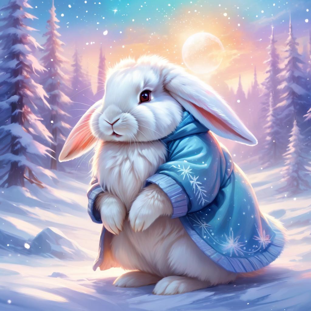 american fuzzy lop rabbit in a winter scene, wearing stylish winter clothing, looking cute and happy.