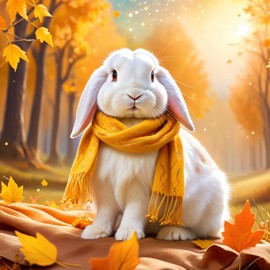 american fuzzy lop rabbit in a yellow scarf, ethereal and magical style.