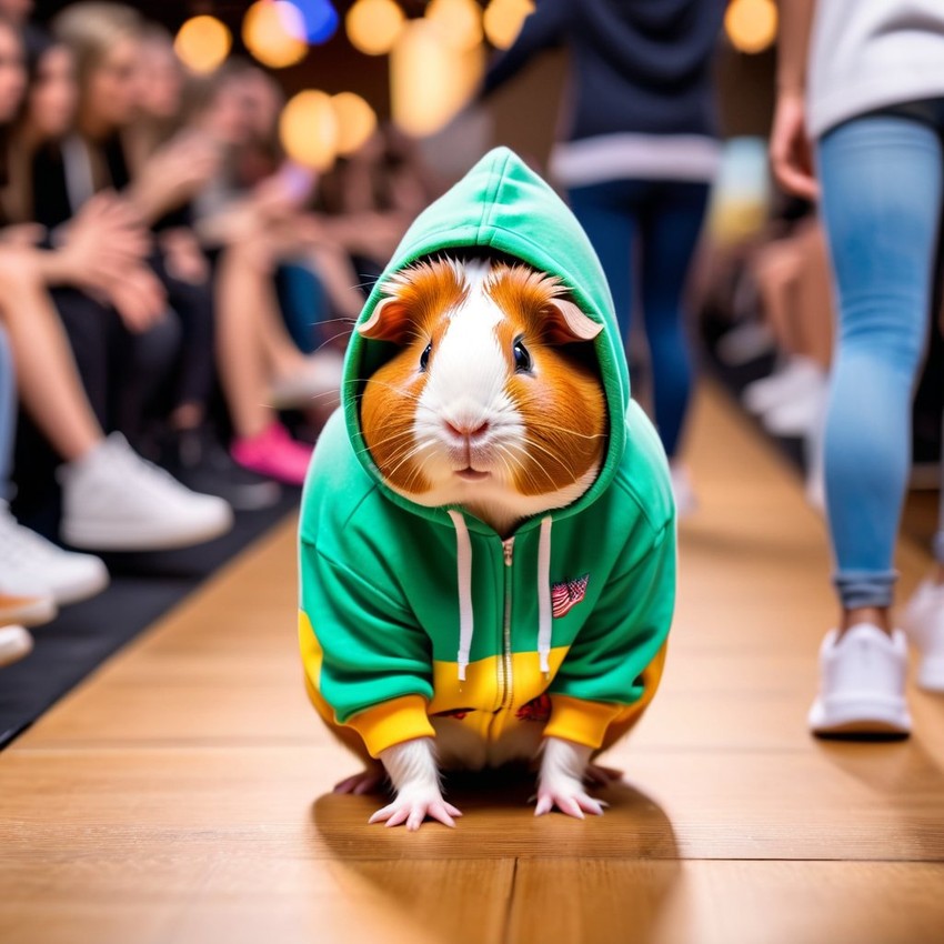 american guinea pig strutting down the fashion show catwalk stage in trendy streetwear including a cool hoodie and sneakers, high energy and trendy.