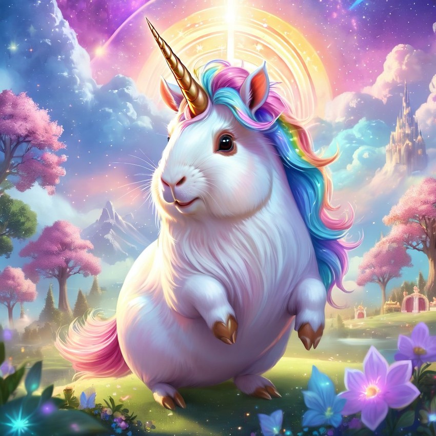 american guinea pig as a unicorn in a magical fairytale environment, capturing an ethereal and majestic scene.