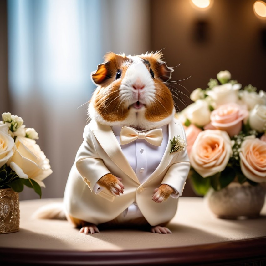 american guinea pig in a beautiful wedding suit, capturing a cute and happy moment in a romantic environment.