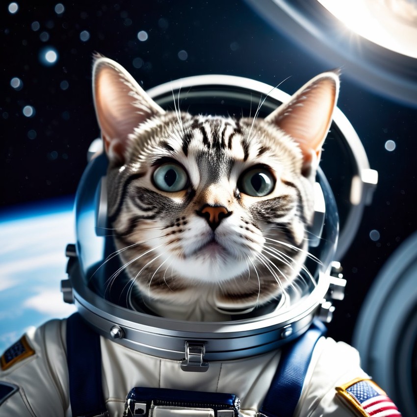 american shorthair cat as astronaut in space, wearing spacesuit, with spacestation background.