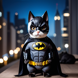 american shorthair cat as batman, wearing batman suit and mask, highly detailed and vibrant.