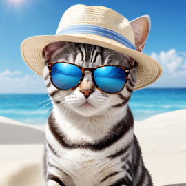 american shorthair cat on a beach with white sand and blue sea, wearing sunglasses and summer hat.