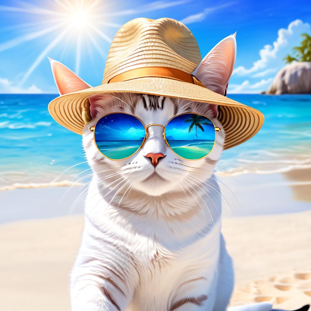 american shorthair cat on a beach with white sand and blue sea, wearing sunglasses and summer hat.