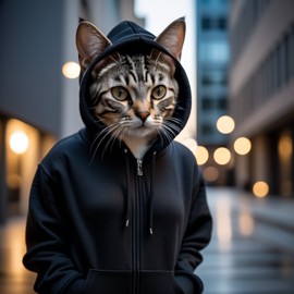 american shorthair cat in a black hoodie, set against a modern urban backdrop, emphasizing a stylish and trendy look.