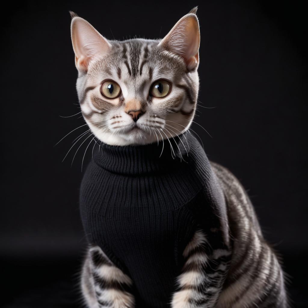 american shorthair cat in a black turtleneck, against a diffused background, looking cute and elegant.