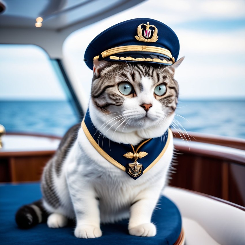 american shorthair cat as a captain on a luxury yacht, wearing captain uniform, against a blue sea.