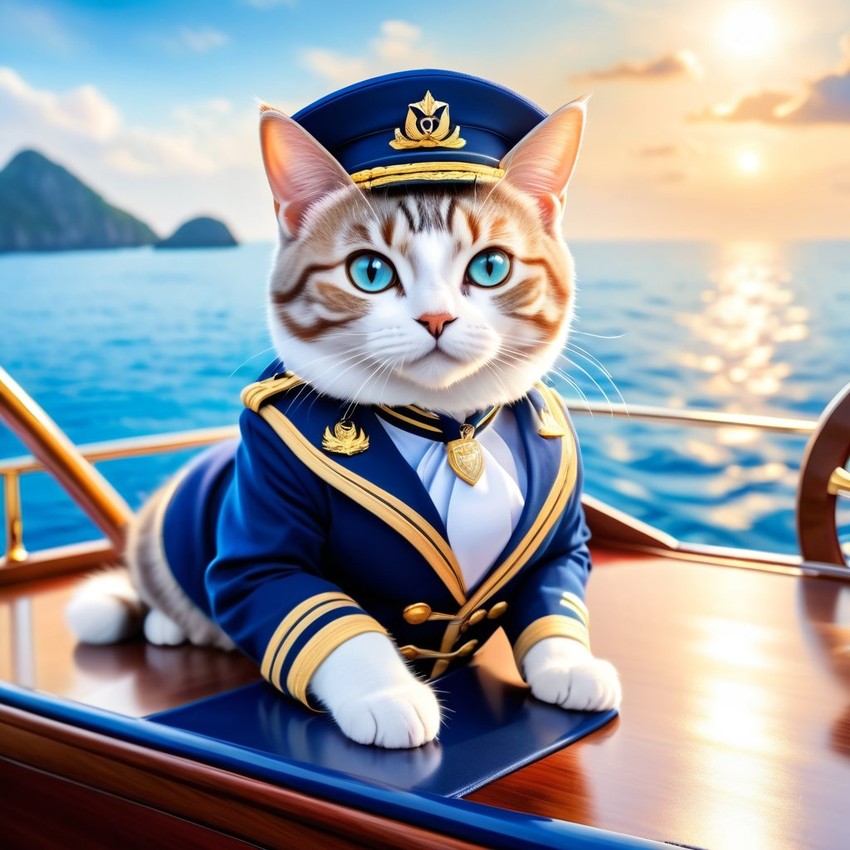 american shorthair cat as a captain on a luxury yacht, wearing captain uniform, ethereal and majestic.