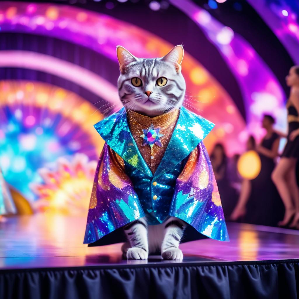 american shorthair cat strutting down the fashion show catwalk stage in an extravagant cosmic-themed outfit with iridescent fabrics, high energy and extravagant.