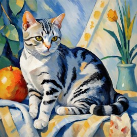 american shorthair cat in the style of cezanne, highlighting classic brush strokes and an elegant, timeless look.