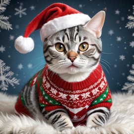 american shorthair cat in a christmas sweater and santa hat, lifelike and festive.