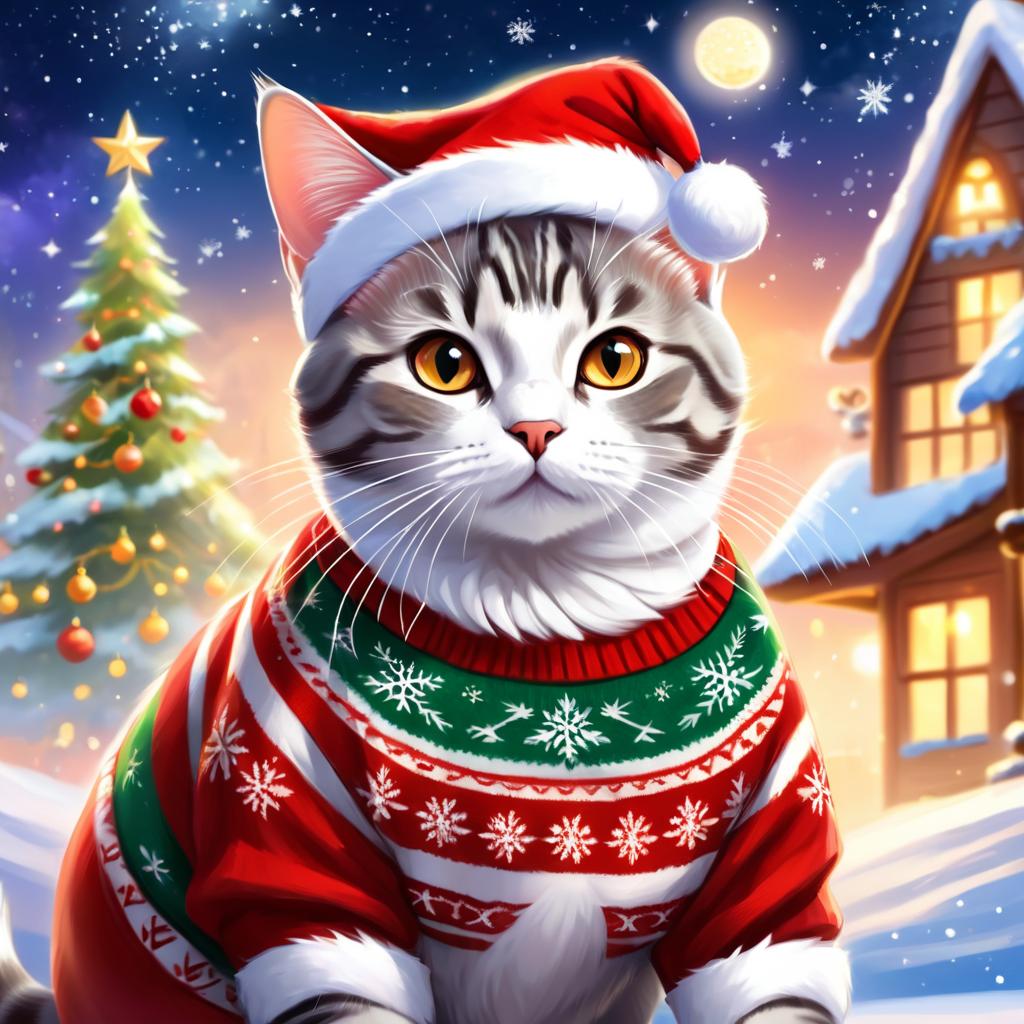 american shorthair cat in a christmas sweater and santa hat, ethereal and magical.