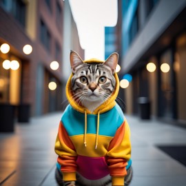 american shorthair cat in a colorful hoodie, set in a modern urban environment with a stylish and trendy vibe.