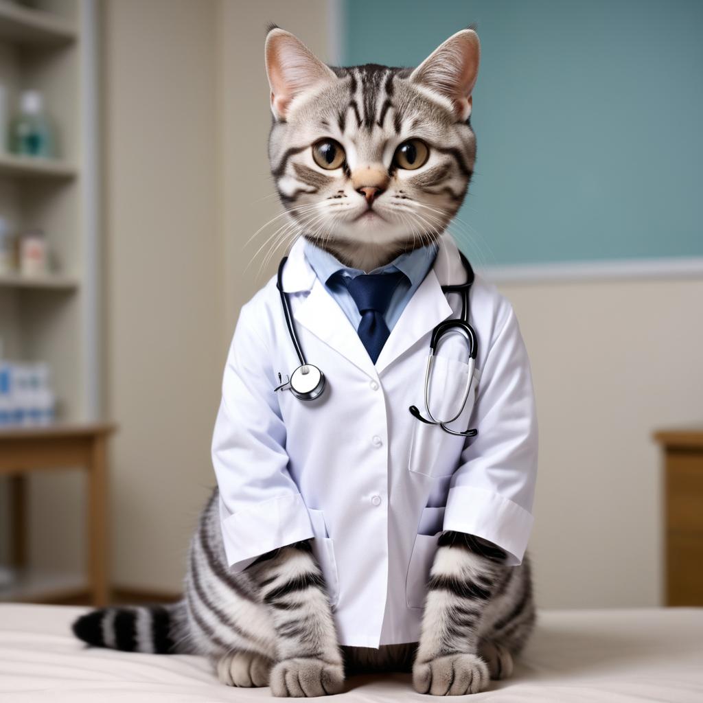 american shorthair cat as a doctor with extreme detail in a studio setting, lifelike and high resolution.