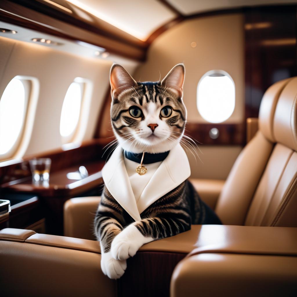 american shorthair cat in a gulfstream private jet, dressed in elegant clothing, capturing a posh and happy moment.