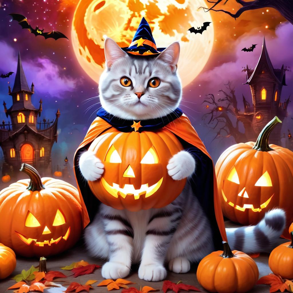 american shorthair cat in a halloween costume, with a magical and ethereal atmosphere surrounded by pumpkins.