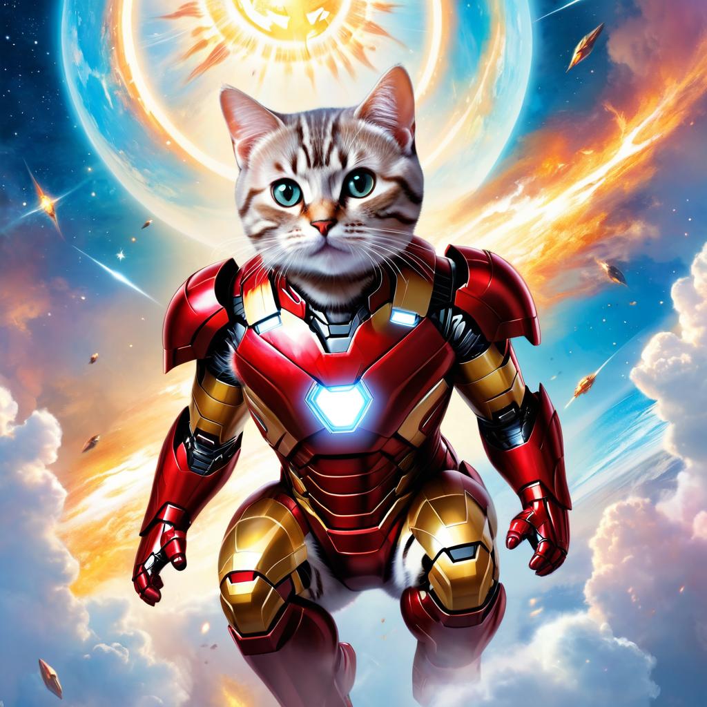 american shorthair cat as iron man, showcasing a celestial, painterly style with a magical iron man costume.