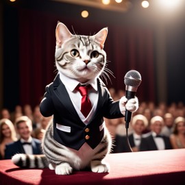 american shorthair cat as a keynote speaker on stage, dressed elegantly, holding a microphone, exuding charisma and confidence.