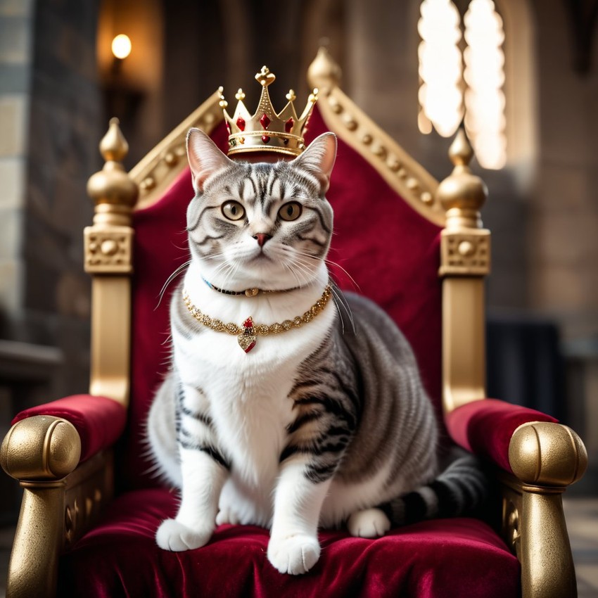 american shorthair cat as a king in a magical castle, wearing a crown and robe, seated on a throne.