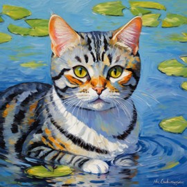 american shorthair cat in the style of monet, featuring delicate brush strokes and a classic, artistic appearance.