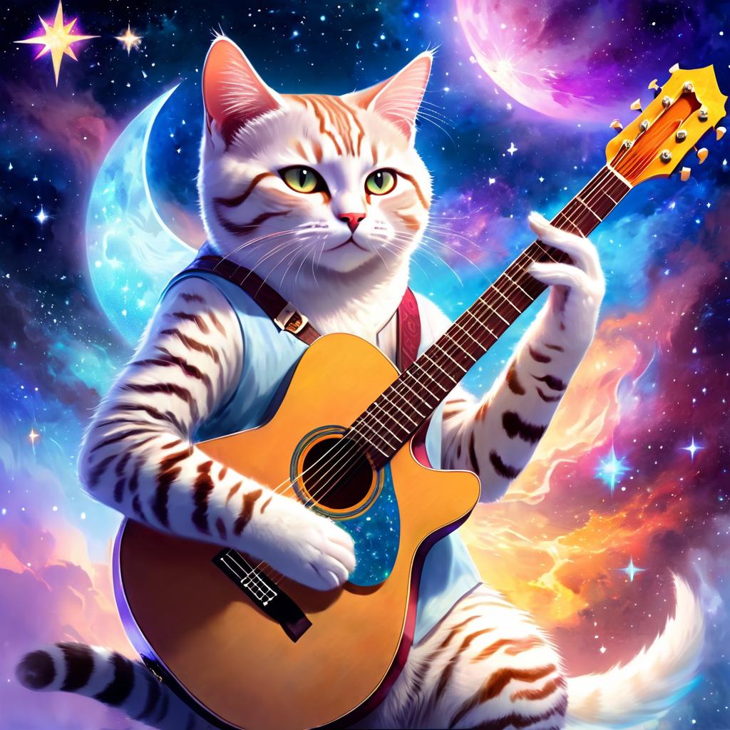 american shorthair cat as a musician in an ethereal fantasy setting, playing guitar with a majestic and magical touch.