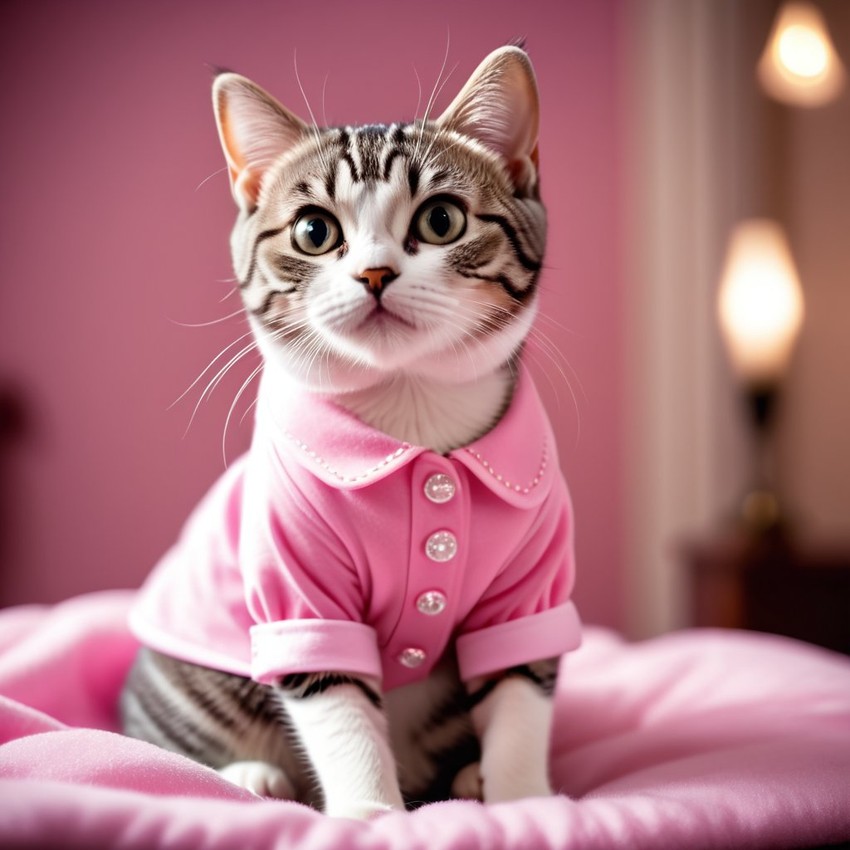 american shorthair cat dressed in pink clothing, in a beautiful pink scene, radiating joy and cuteness.