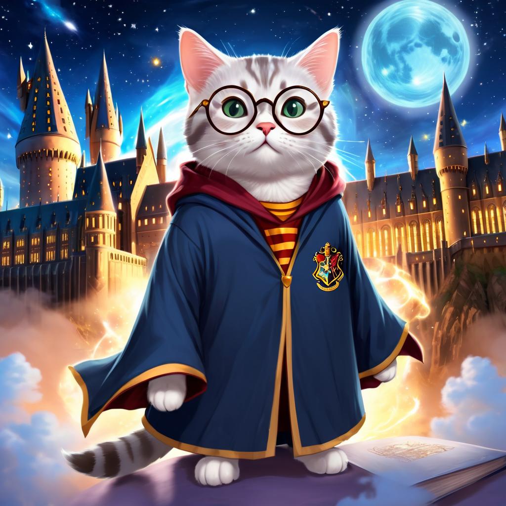 american shorthair cat as harry potter, with glasses and a magical hogwarts setting, evoking a celestial and epic feel.