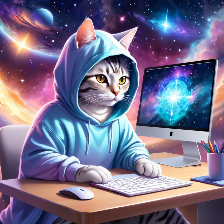 american shorthair cat as a programmer, working on a laptop in a hoodie, capturing a cute and magical moment.