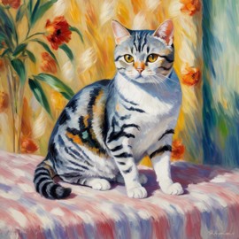 american shorthair cat in the style of renoir, showcasing classic artistic brush strokes and timeless elegance.