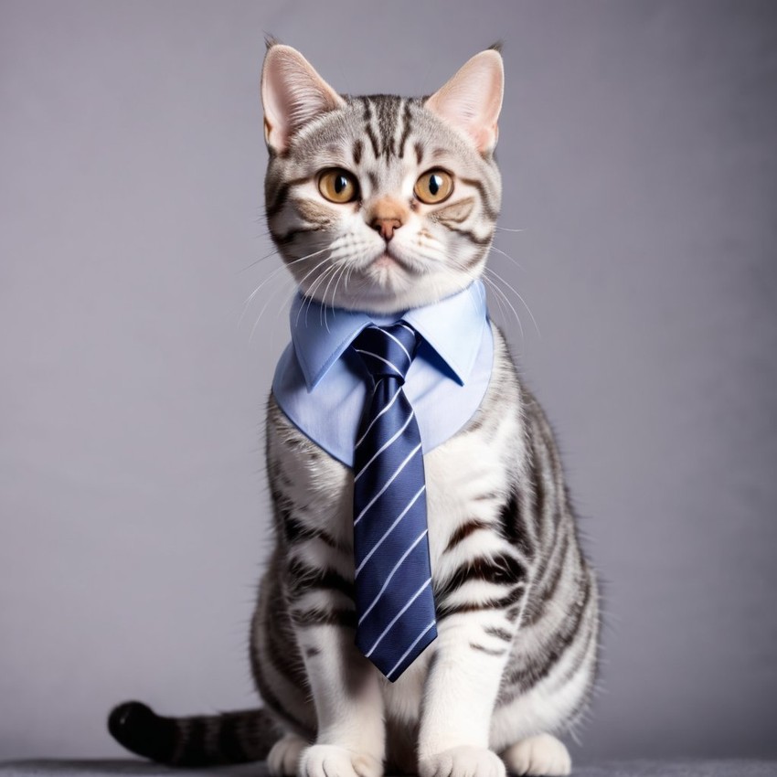 american shorthair cat in a stylish shirt and tie, with a diffused background, capturing their cute and professional side.