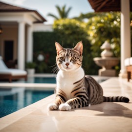 american shorthair cat suntanning next to a luxurious villa pool, capturing a posh and happy moment.