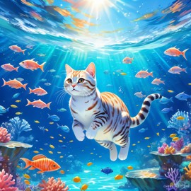 american shorthair cat swimming in a magical blue ocean with colorful fish and coral reef, capturing a dreamy and adventurous underwater scene.