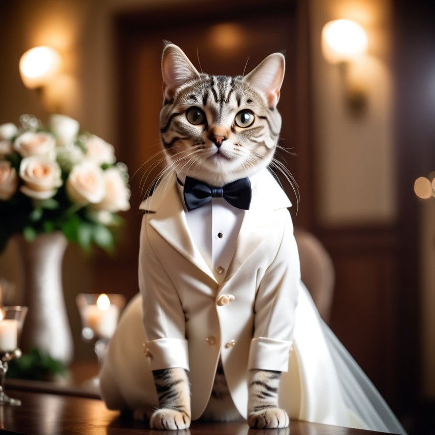 american shorthair cat in a beautiful wedding suit, capturing a cute and happy moment in a romantic environment.