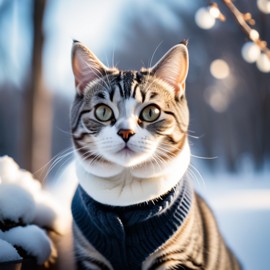 american shorthair cat in a beautiful winter scene, wearing stylish winter clothing, looking cute and happy.