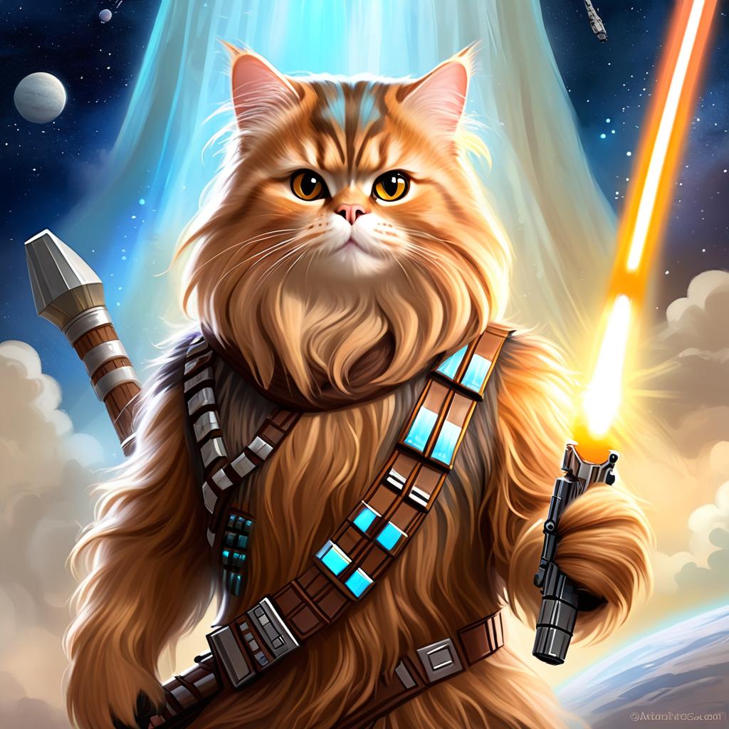 american shorthair cat as chewbacca from star wars, ethereal and magical.