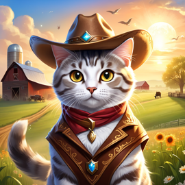 american shorthair cat as a cowboy wearing a hat, in the midwest countryside, on a farm.