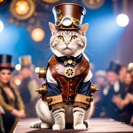 american shorthair cat strutting down the fashion show catwalk stage in an elaborate steampunk outfit featuring leather harnesses, brass gears, and a top hat, high energy and dramatic.