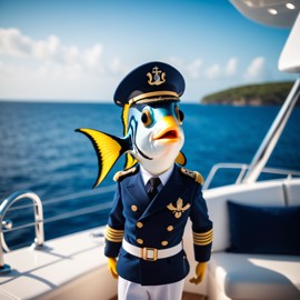 angelfish fish as a captain on a luxury yacht, wearing captain uniform, against a blue sea.