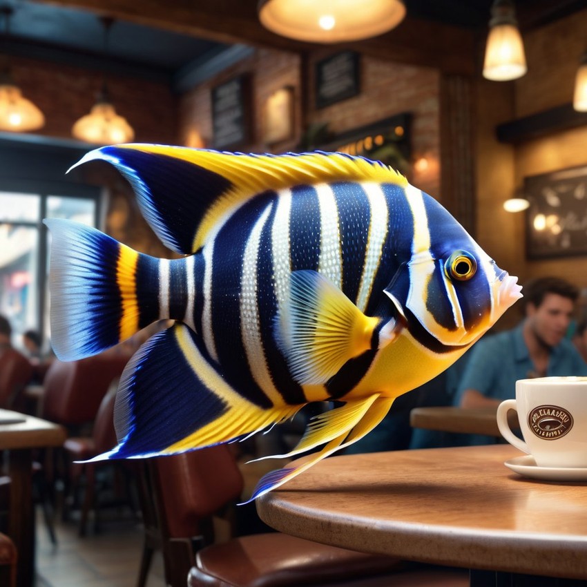 angelfish fish sitting in a cozy coffee shop, lifelike and detailed.