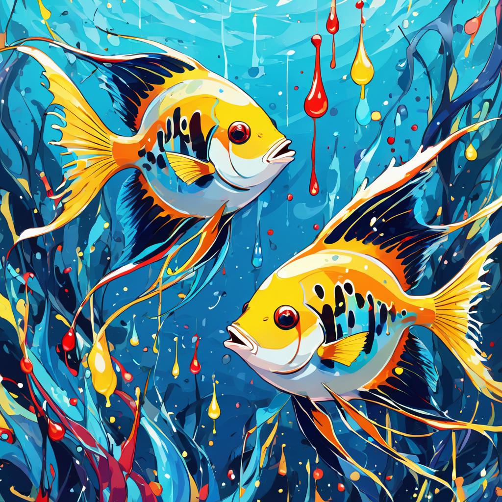 angelfish fish in pollock's drip technique, capturing dynamic and colorful modern art.