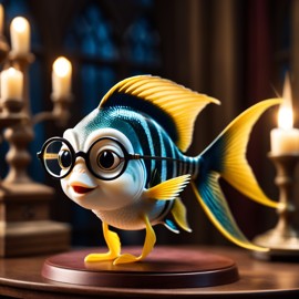 angelfish fish as harry potter, with glasses and hogwarts setting, capturing the magical and epic essence.