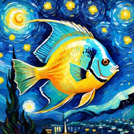 angelfish fish by van gogh, featuring starry night brush strokes, capturing a cute and happy expression.